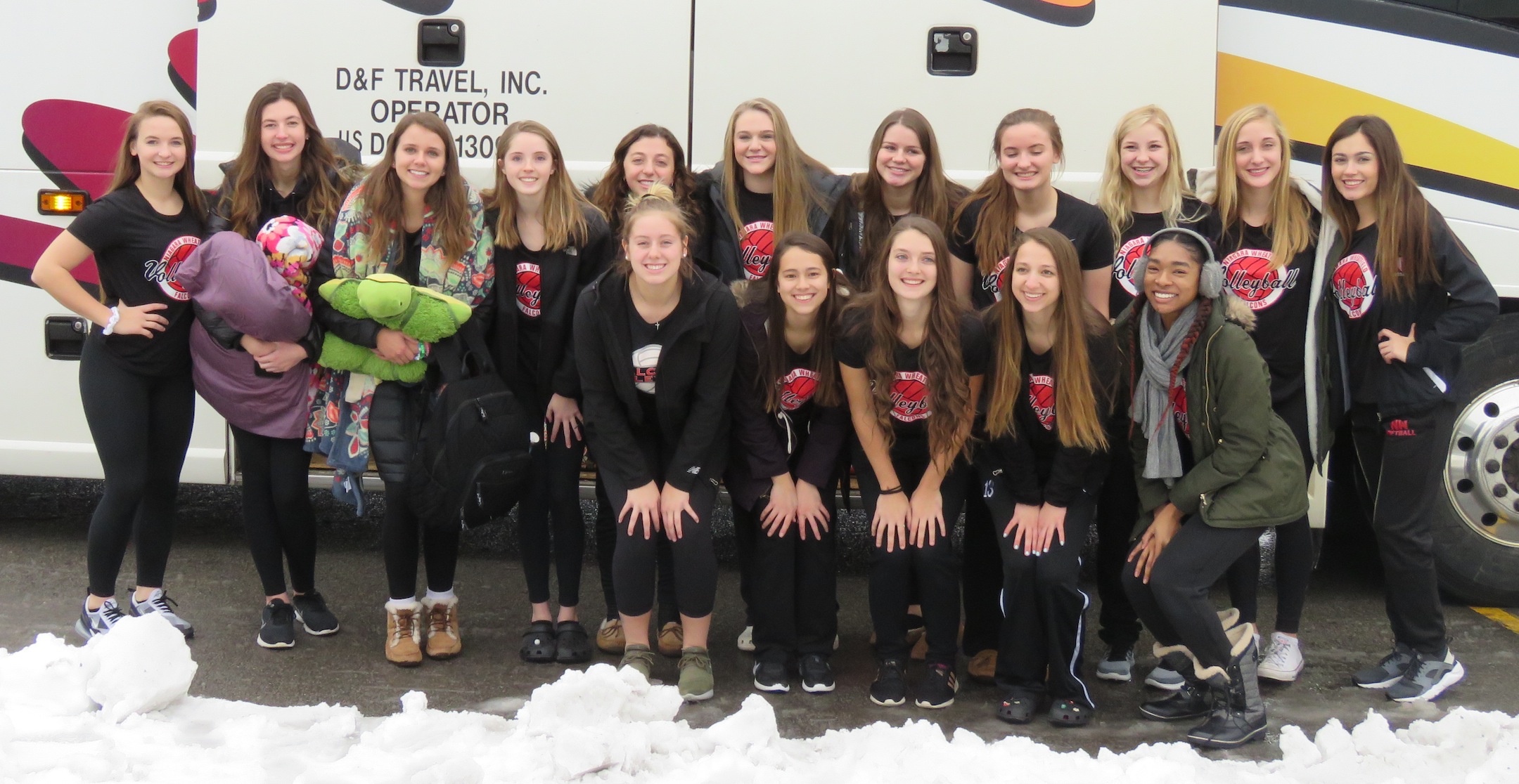 The Niagara-Wheatfield girls volleyball team poses right before getting on the bus to head to the state tournament in Glens Falls. (Photos by David Yarger)